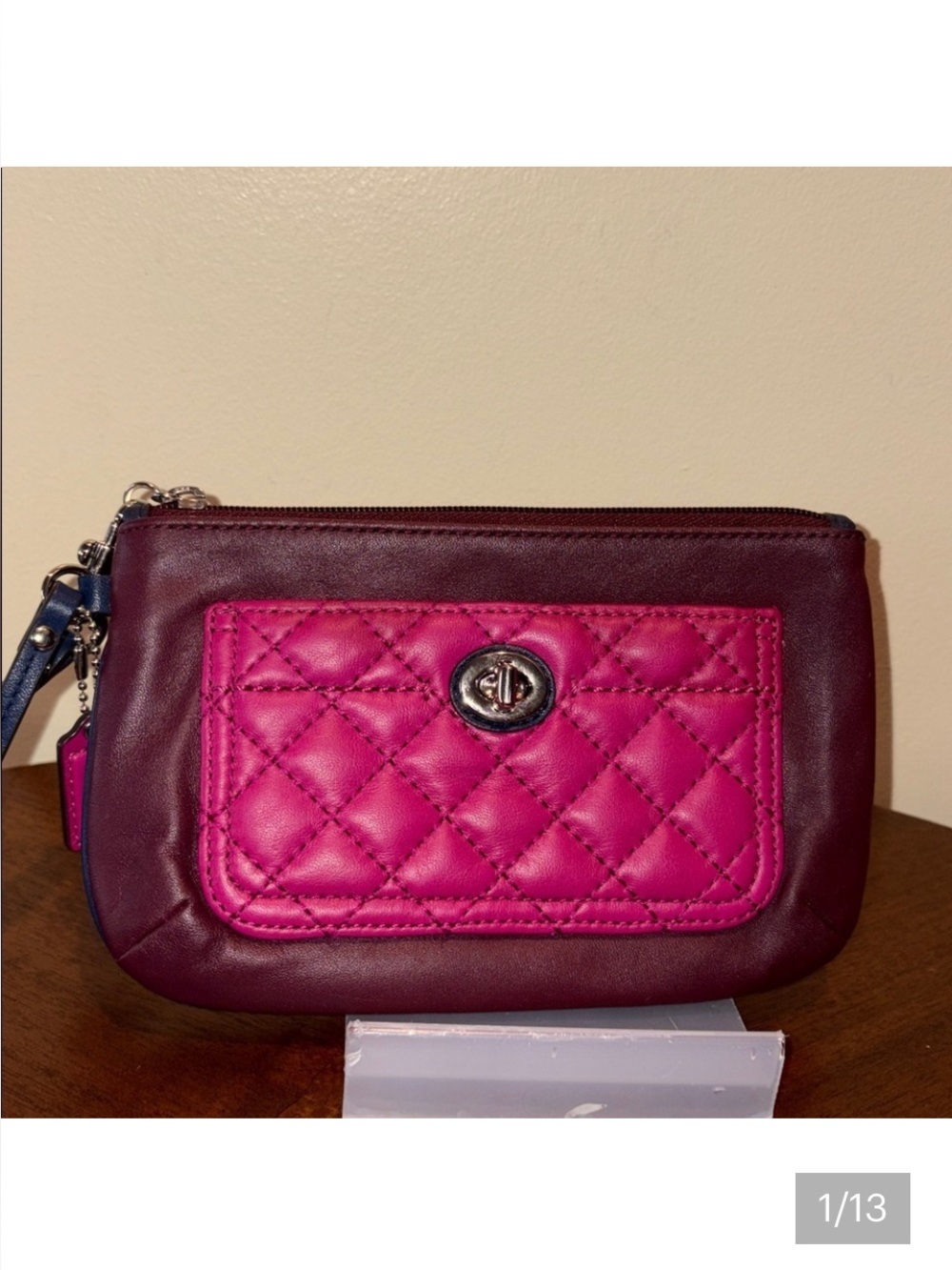 Coach Park wristlet smooth/quilted, leather Pink Burgundy Blue front turn lock - Picture 1 of 13